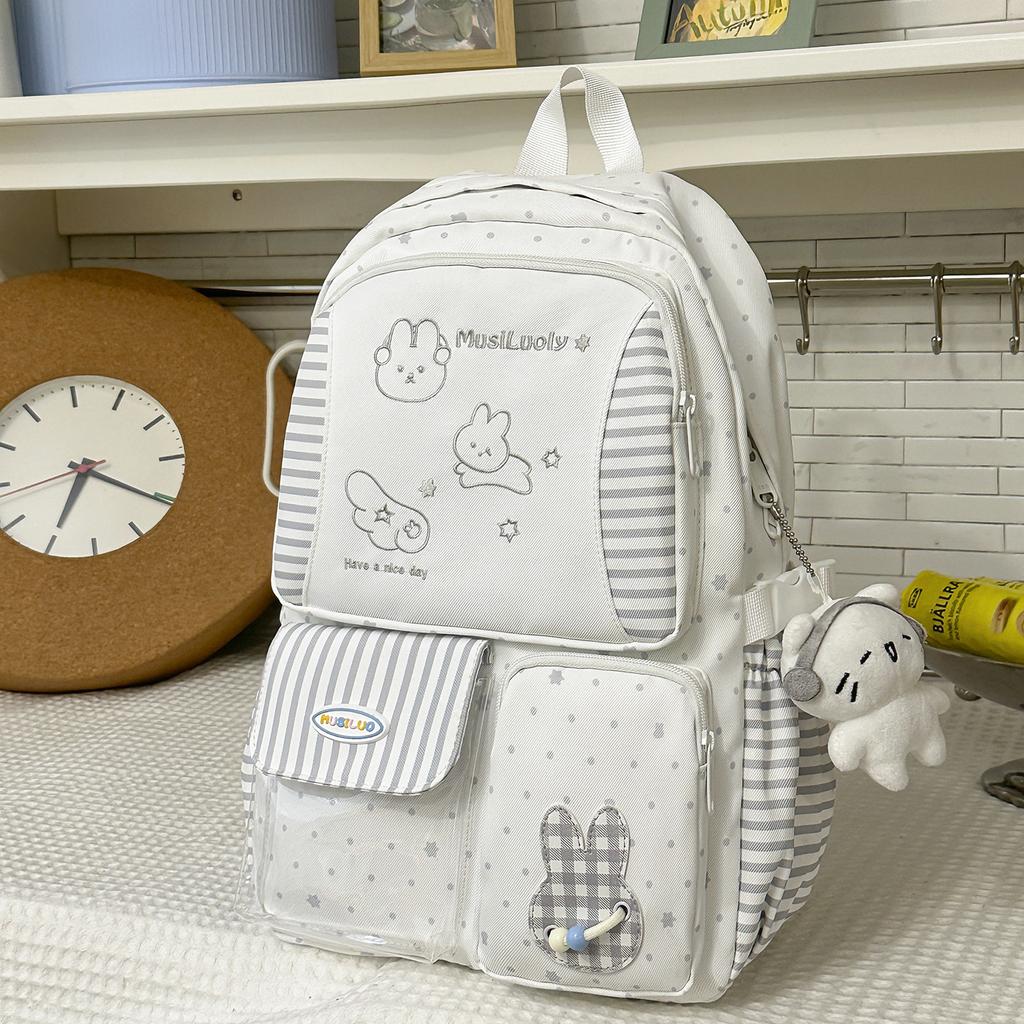 Schoolbag Korean fresh stripe soft cute rabbit embroidery schoolbag college style healing atmosphere middle school student backpack