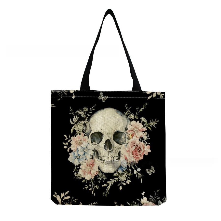 Women Vintage Linen Tote Bag - Large Capacity Skeleton Print Shoulder Handbag for Casual & Grocery Shopping KTB