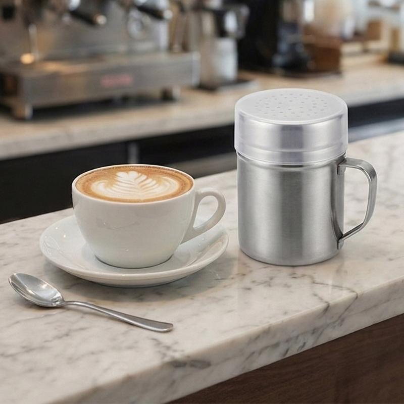 2Pcs Steel Powder Shaker Canister with Comfort Handle and Lid for Even Distribution of Sugar Cocoa Seasoning Dispenser