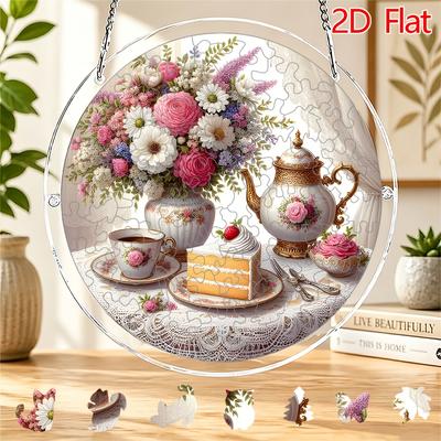 2D Flat, 2D Flat Acrylic Jigsaw Puzzle Suncatcher, 83pcs, Lace Vase with Blooming Flowers and Afternoon Tea Cake Themed Suncatcher Puzzle, Home and Ga