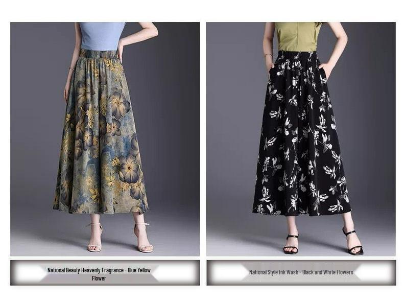 Plus-Size Ink Painting High-Waist A-Line Ice Silk Skirt Pants - Thin, Loose, Versatile Style for Women