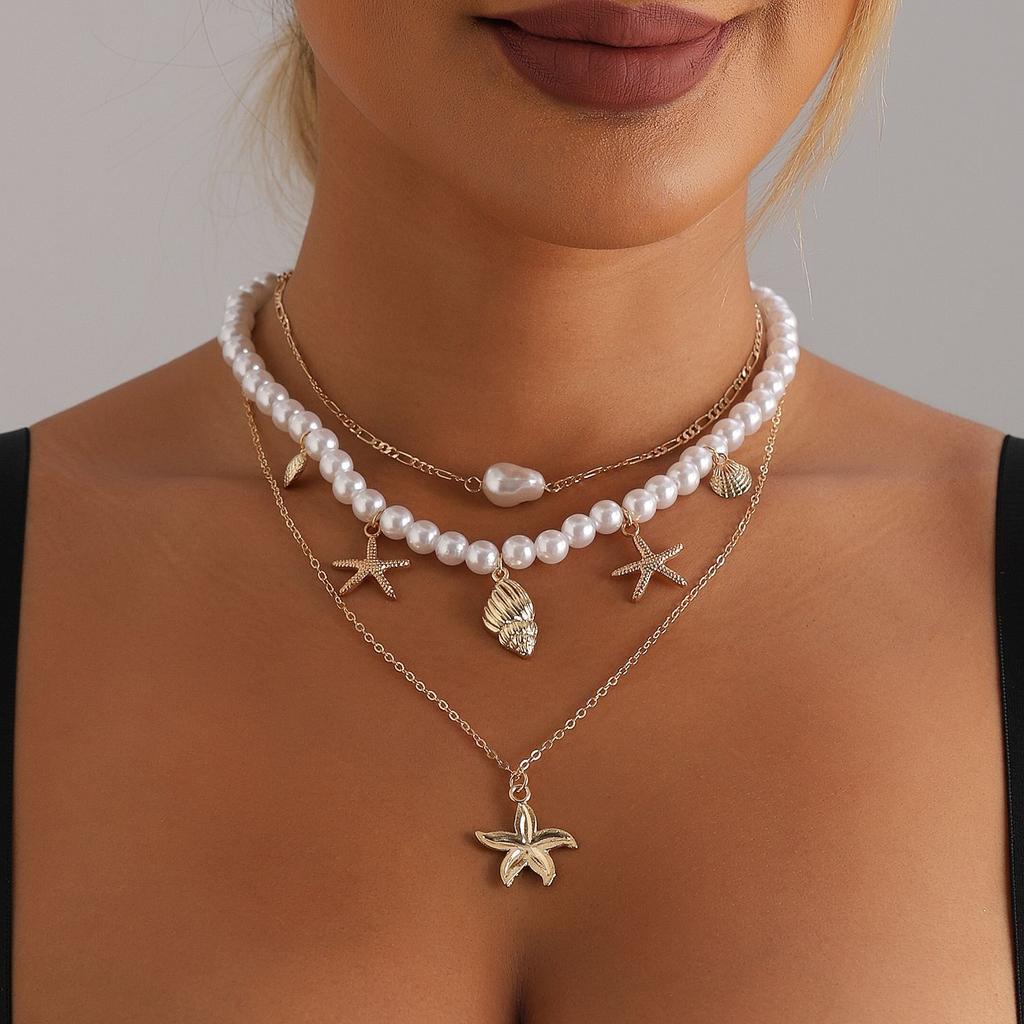 Accessories Bohemian Beach Beaded Necklace Pearl Starfish Shell Vintage Holiday Necklace