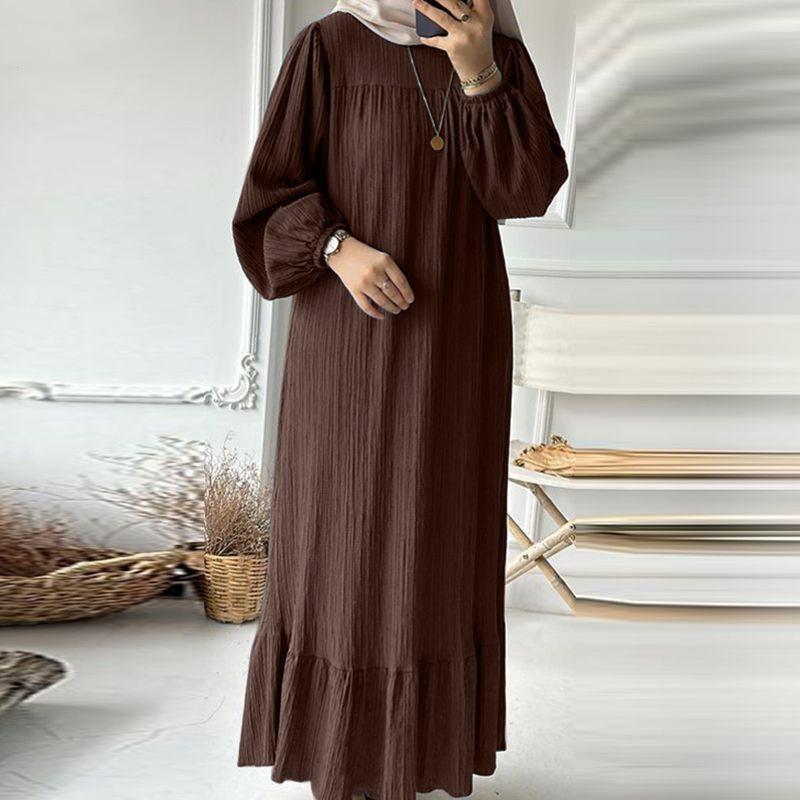 In-Stock Pleated Vintage Muslim Women's Robe with Puff Sleeves and Pocket Hem Ruffle Dress