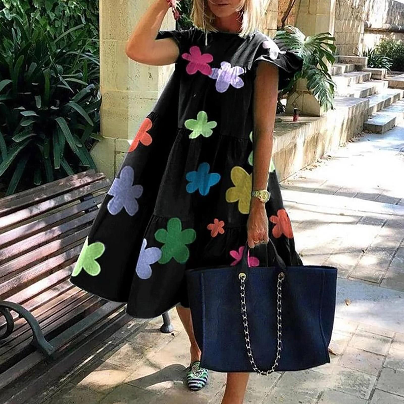 

Жіноча плісирована повсякденна максі-сукня з коротким рукавом у стилі печворк M чорний