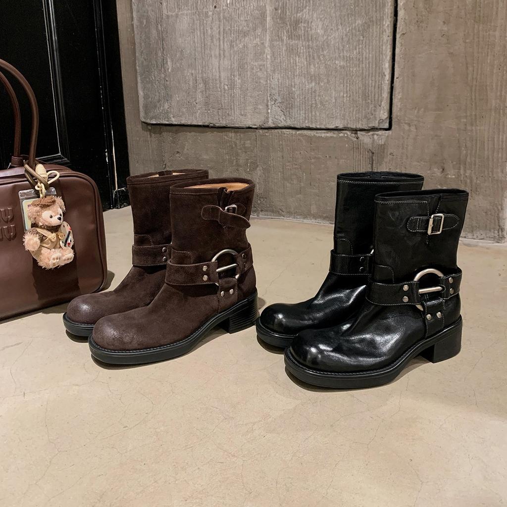 Studiolee metal buckle round head retro leather locomotive thick heel western short boots 2024 new