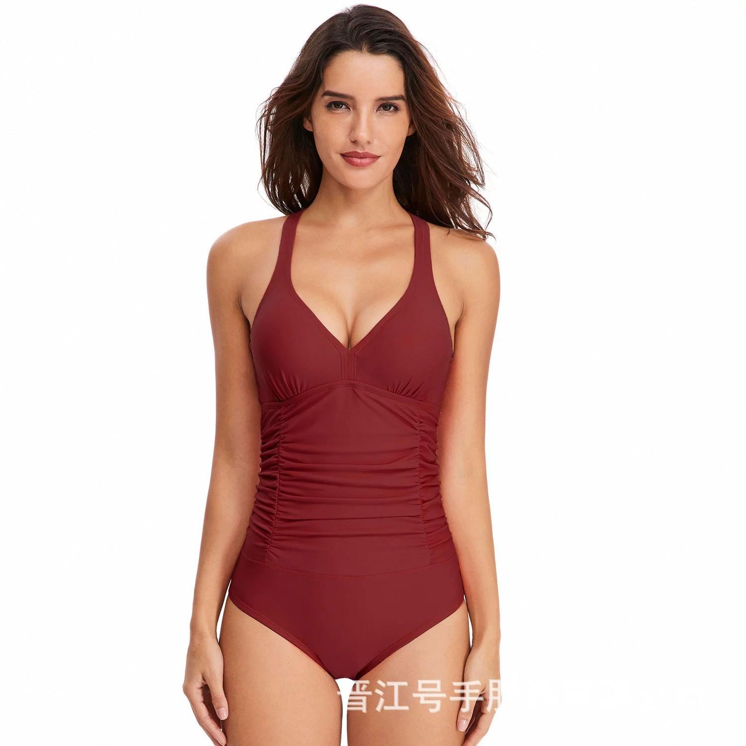 

TUINANLE Купальник пуш-ап с перекрещивающейся спиной, цельный пляжный купальный костюм XXL темно-красного