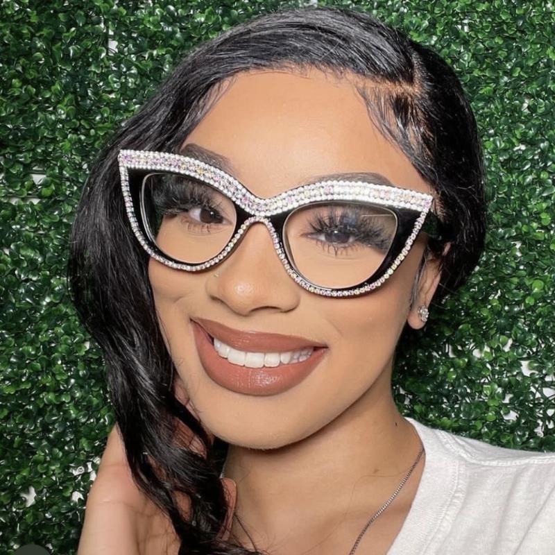 Women's Sunglasses Sun Protection UV Protection Fashion Diamond-Embedded Cats' Eye Sunglasses Anti-Blue Light Retro Plain Glasses Street Shoot Commute