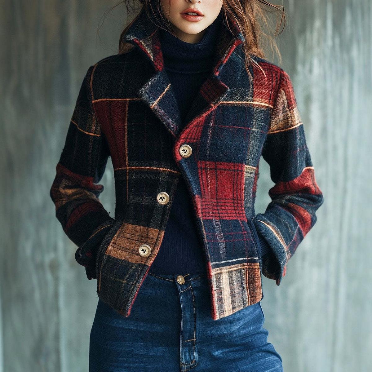 

2025 Women s Retro Plaid Warm Fall/Winter Jacket with Stand Collar and Patchwork Buttons XXXL