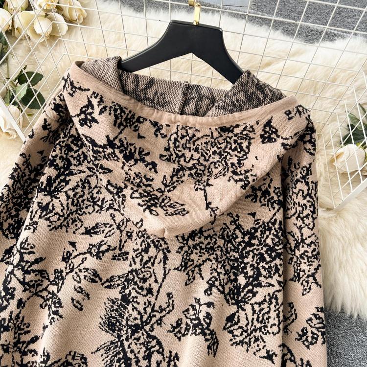 Damen Premium Print Kapuzenpullover Hohe Taille Weite Beinhosen Lässige Sport Strickwaren Zweiteiliges Set Mode Altersreduzierend