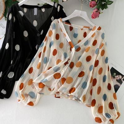 V-Ausschnitt Plissee Polka Dot Sonnenschutz Shirt Damen Bubble Sleeve Loose Chiffon Shirt