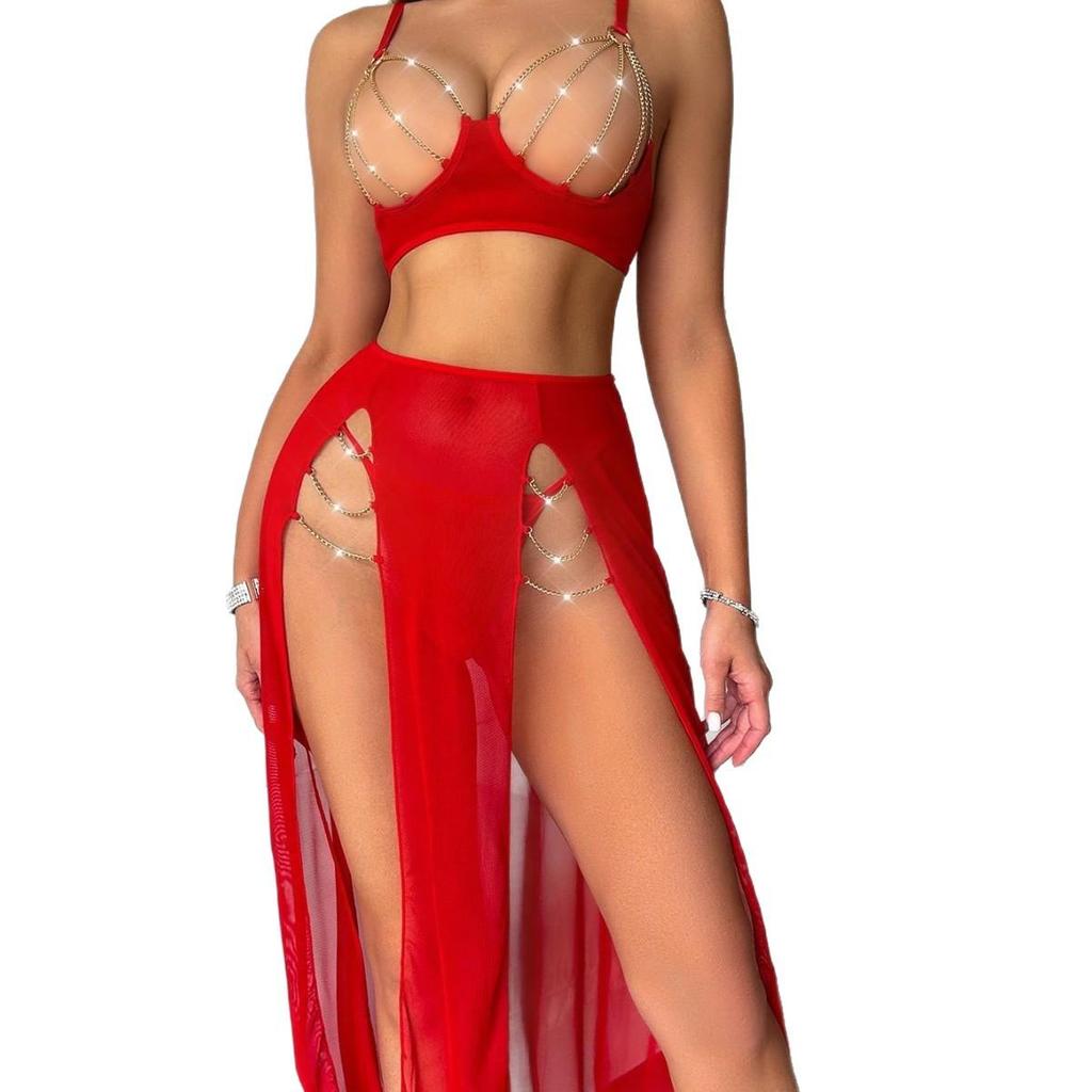 Alluring Red Mesh High-Waisted Lingerie Set