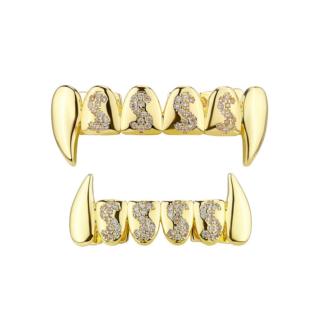 Hip Hop CZ Iced Out Full Fang Teeth Grillz With Dollar Symbol Custom Unisex Cosplay Decoration Jewelry
