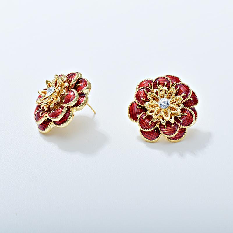 

High-End Angora Red Rose Camellia Silver Stud Earrings - European & American Fashion