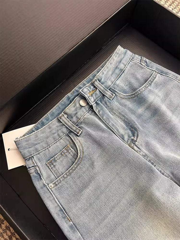 Women's Plus Size Light Blue High-Waist Straight Leg Jeans with Bow Embroidery - Summer Slimming Wide Leg Pants