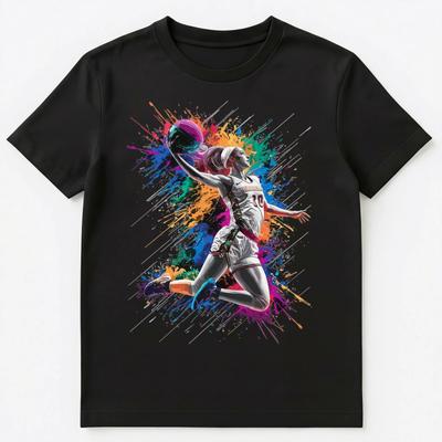 Buntes Farbspritzer-Frauen-Basketballspieler-Kunstgrafik Unisex-T-Shirt