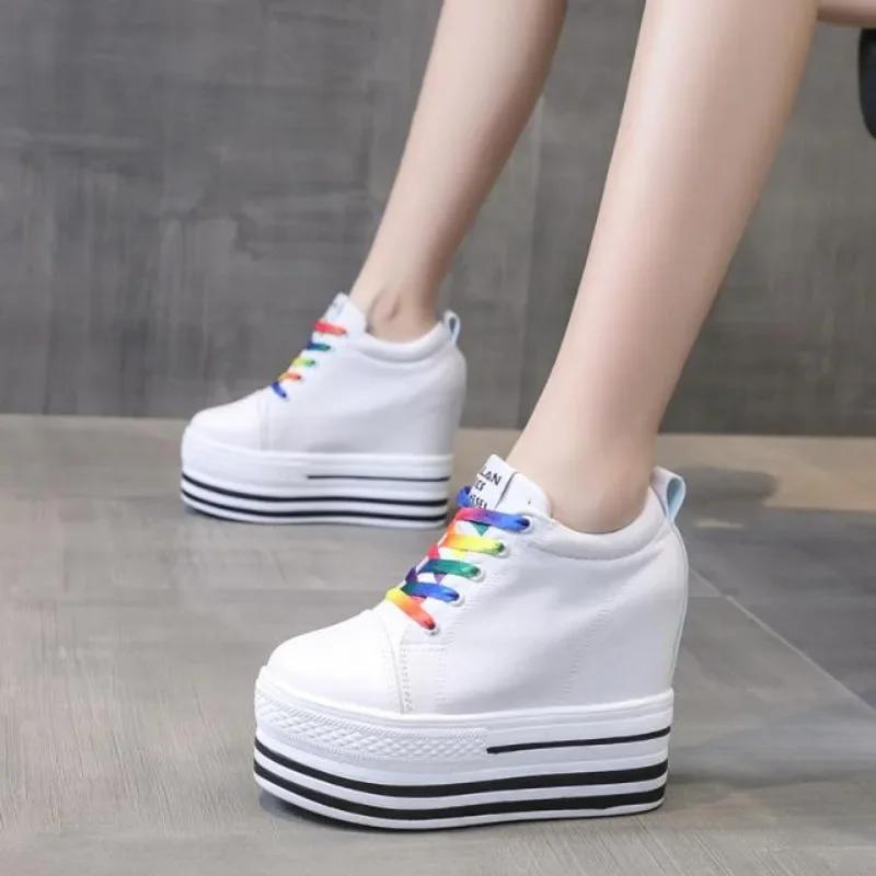 Fashion 10CM Heels Wedge Canvas Shoes Woman High Platform Sneakers Vulcanized Shoes Hidden Heel Height Increasing Casual Shoes