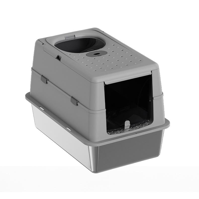 Stainless Steel Closed Cat Litter Box, Fully Closed Flip, Oversized, Heightened and Thickened Anti-splash Top-entry Cat Toilet
