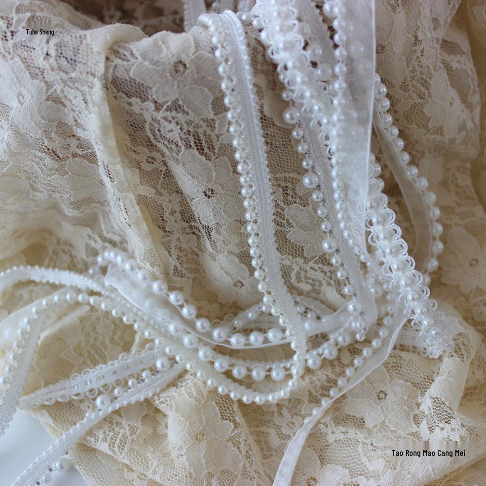 Cottontime Off-White Mesh Ribbon Beads with Pearl Lace Decorative Accessories for Clothing