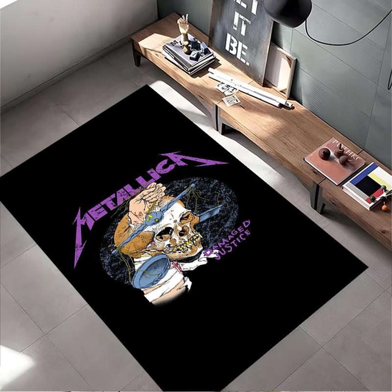 Rock Music Area Rug, Metallica Damaged Justice Skull Drill Purple Logo Print, Music Fan Garage Decor, Non-Slip Mat
