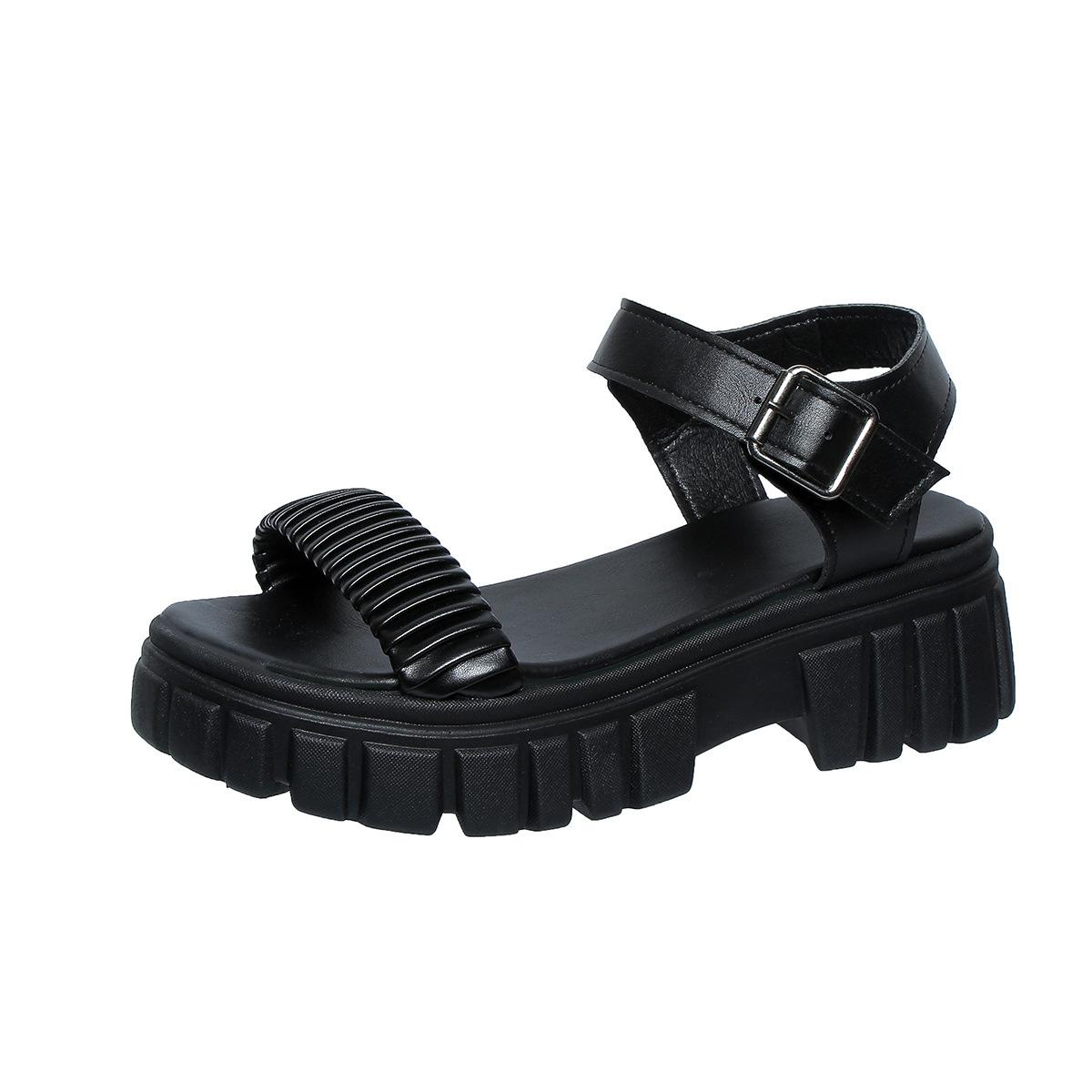 

2025 новые повседневные сандалии на платформе большого размера женские простые сандалии с пряжкой в один символ и открытым носком 43 чёрный