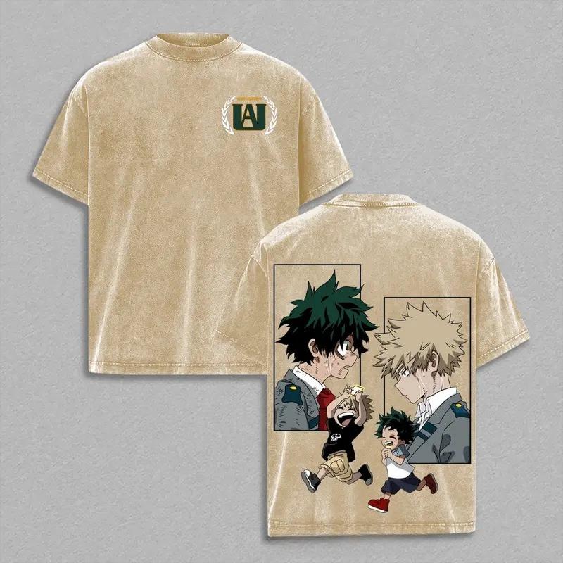 Midoriya Izuku Bakugou Katsuki Printed Tee My Hero Academia Clothing Men Women Washed T-shirts Retro Top Harajuku Cotton T Shirt XXL коричневый