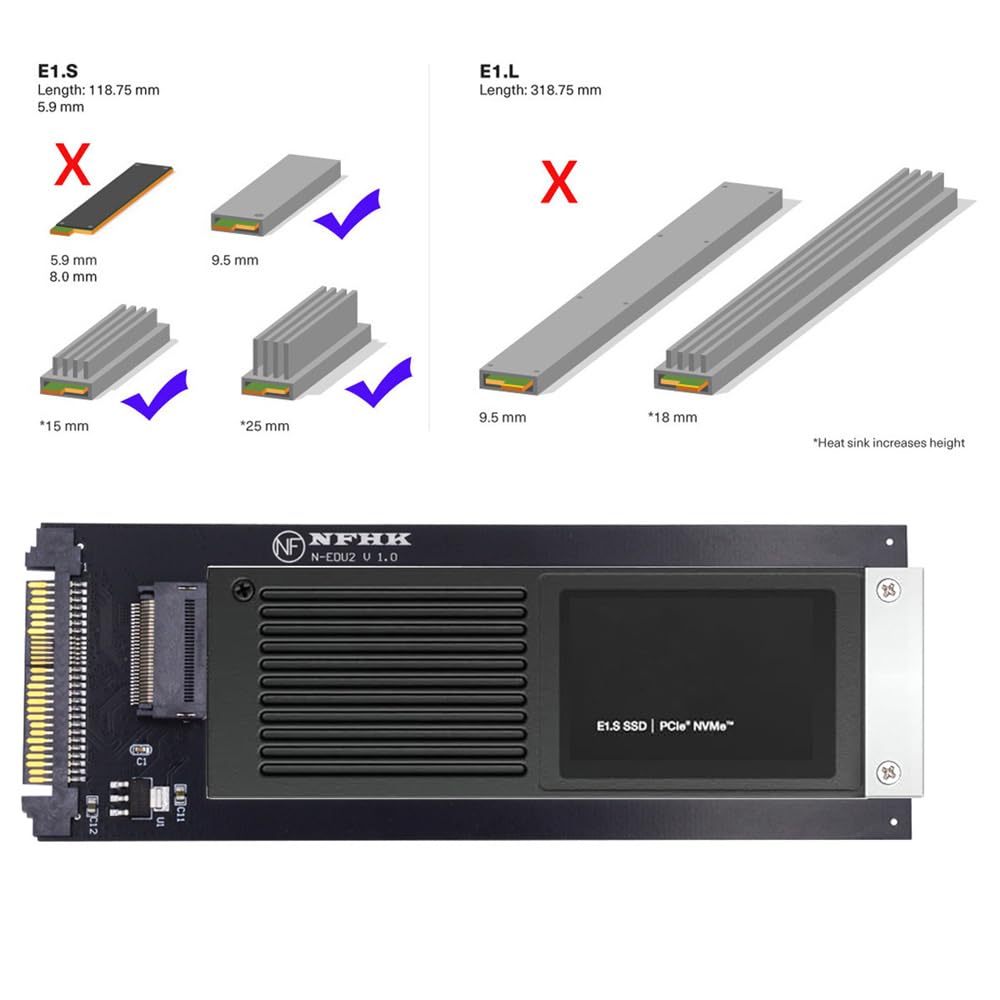 NFHK U.2 SFF-8639 Host to PCI-E Ruler 1U GEN-Z EDSFF 9.5mm 15mm 25mm Short SSD E1.S Heatsink PM9A3 PM9D3 P5801X Carrier Adapter