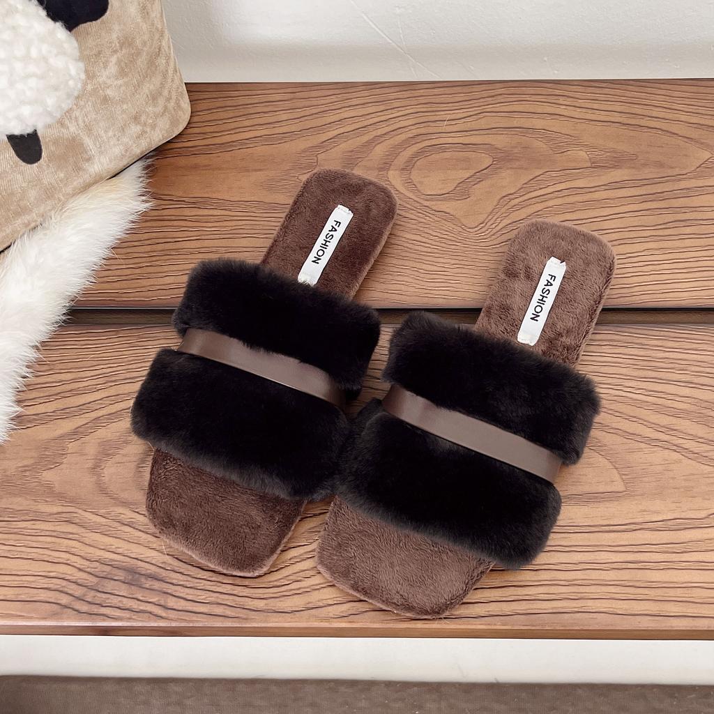 2025 Autumn and Winter New Flat-bottomed Fish Mouth Fashionable and Comfortable Foreign Trade Large Size Lazy Foot Fluffy Slippers Women