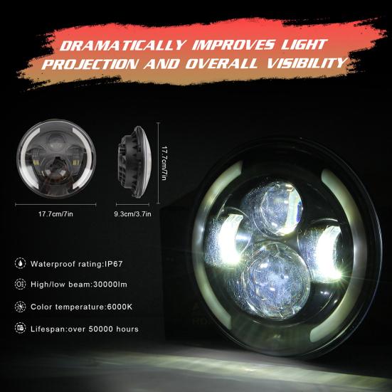 200W 7 Inches LED Headlights Halo Angle Eye Hi/Lo Beam DRL for Jeep Wrangler