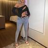 European and American women's crop exposed spicy girl slim fit long sleeved off shoulder solid color top