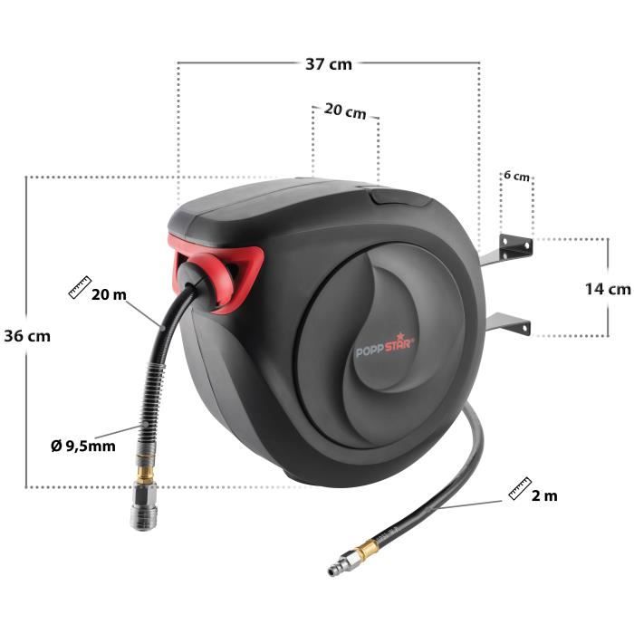 Enrouleur de tuyau d'air comprimé - Poppstar - 20m + 2m - Rembobinage automatique - Support mural pivotant 180°