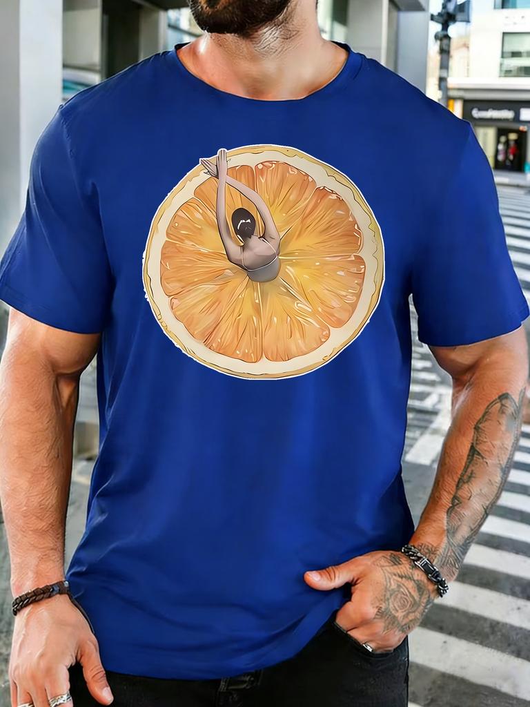 Unisex Blue Tee Art Orange Slice Dancer Figure Graphic Print Short Sleeve Loose Casual Top For Adult Male Daily Street Wear Outfit