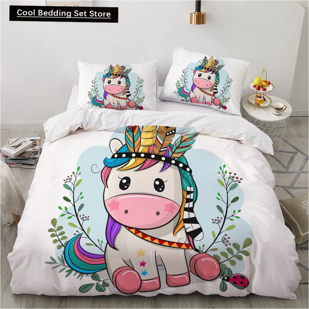Children Kids Baby Pink Bedding Set Queen King Cartoon Unicorn White Duvet Cover Twin Full Colorful 2/3pcs Polyester Quilt Cover