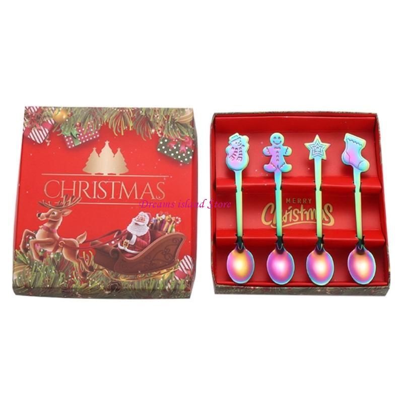 4Pieces Ice Cream Spoons Stirring SpoonS Christmas Themed Stainless Steel Material Coffee Spoons Dessert Spoons 4 Colors HX6C