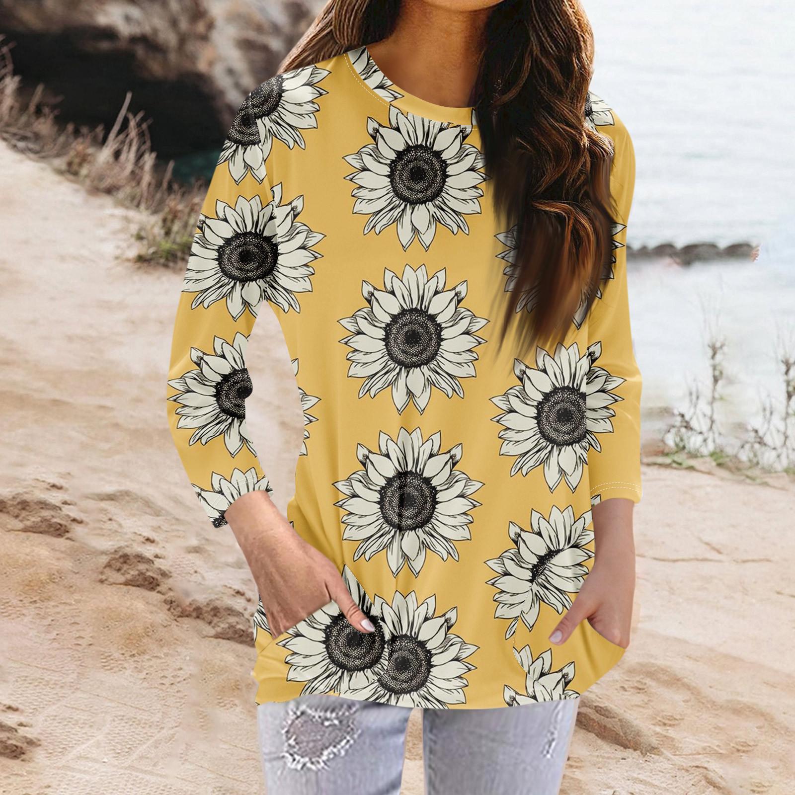 

Женская модная повседневная футболка с карманом и круглым вырезом с рукавами 3/4 и топом M жёлтый