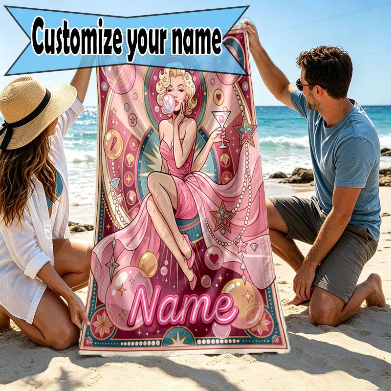 Custom Name Personalized Marilyn Monroe Print Beach Towel, for Trip Camping Beach Party Home Decor, Birthday Gift for Family & Friends
