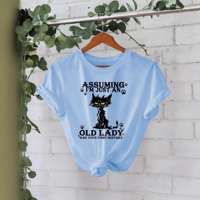 Rundhals Schwarze Katze Bedruckt Reines Baumwoll-Top Damen T-Shirt