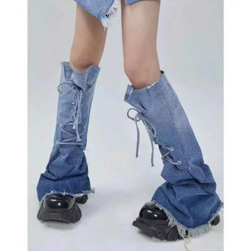 Women Cute Denims Leg Warmers Girls 80s Harajuku Punk Knee High Leg Socks Preppy Stockings Gothic Clothes Y2K Streetwear