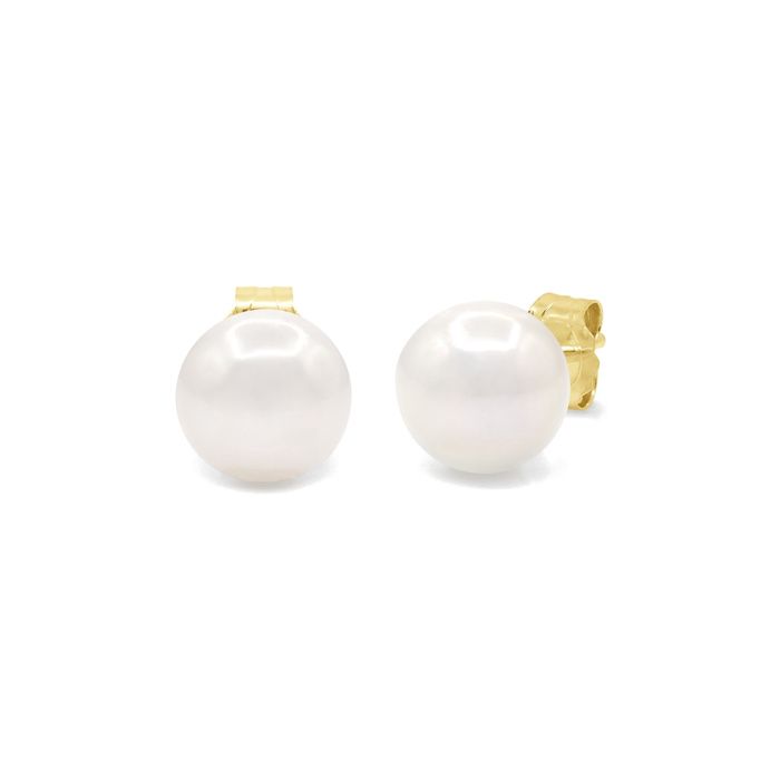 Boucles d'oreilles - PEARLS & COLORS - Clous - Perle d'eau douce ronde 7-8 mm - Or jaune 9 ct (375) - Qual. AAA+ Blanc