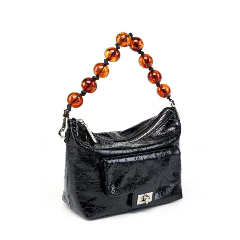 Bead Chain Crossbody Shoulder Bag Women's New Retro Oil Wax Leather Pleated Bag Hand Bag