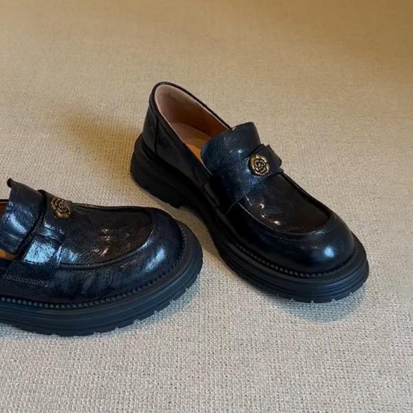 Sheepskin Version~ Genuine Leather Thick-soled Retro One-pedal Women's Camellia Black Small Leather Shoes Single Shoes