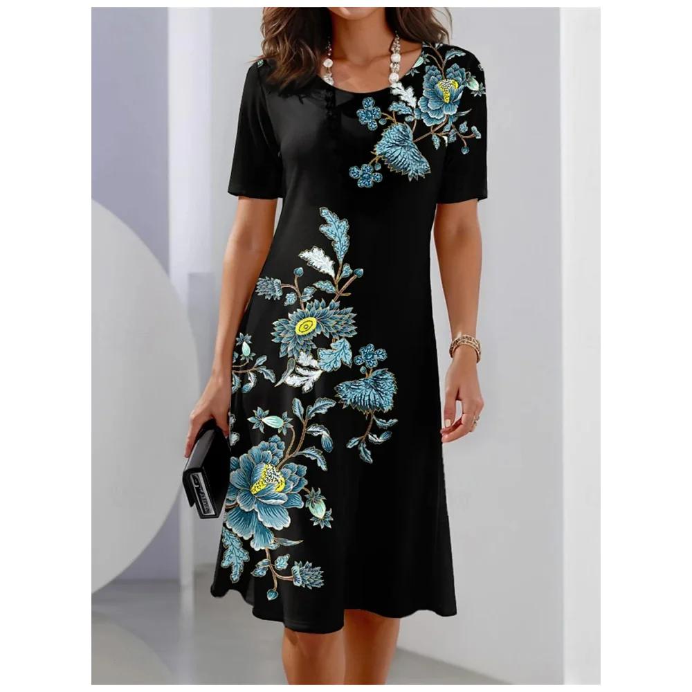 Color Conflict Women's Dress Short-sleeved Dress 3d Floral Print Party Street Wear Elegant Pullover Summer Casual Loose Dress