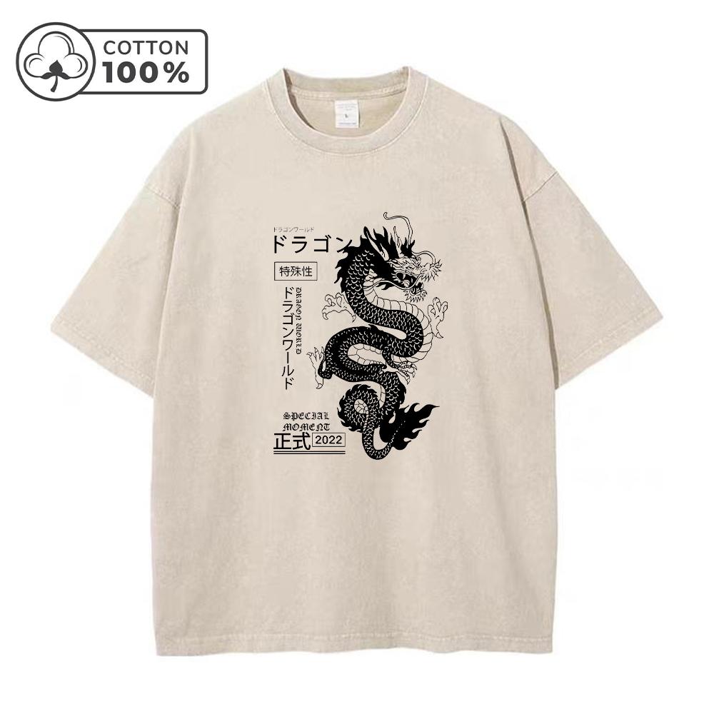 

Mens Dragon Print Retro Washed TShirt Pure Cotton Short Sleeve Stylish And Comfortable For Vacation Casual Wear And Commute S