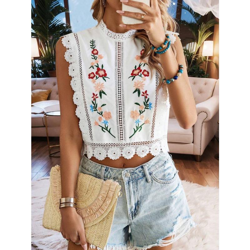 

Кружево Вышитый Растительный Круглый вырез без рукавов Ажурная Футболка Шифон 2XL белый