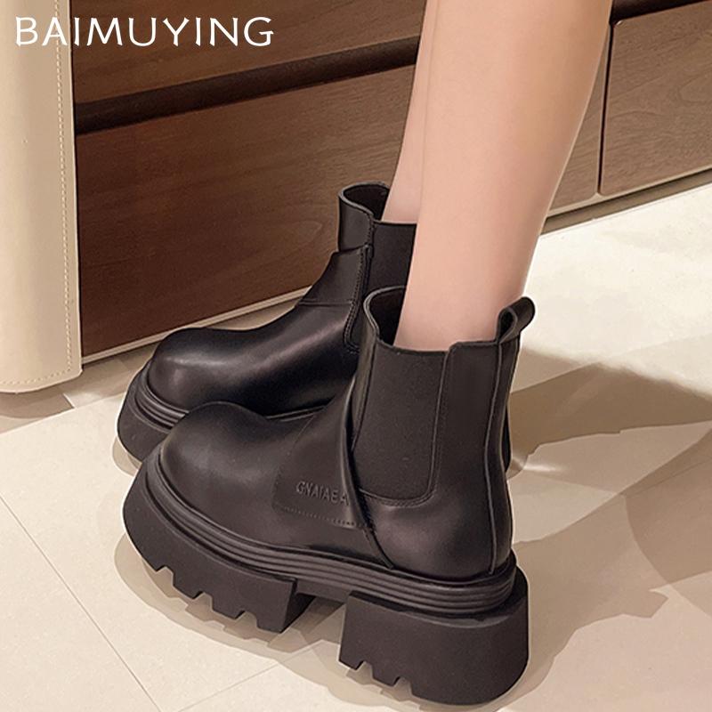Platform Women Ankle Boots Leather Mid Heels Fashion Shoes 2025 Trend Winter Classic Chunky Pumps Gladiator Motorcycle Boots