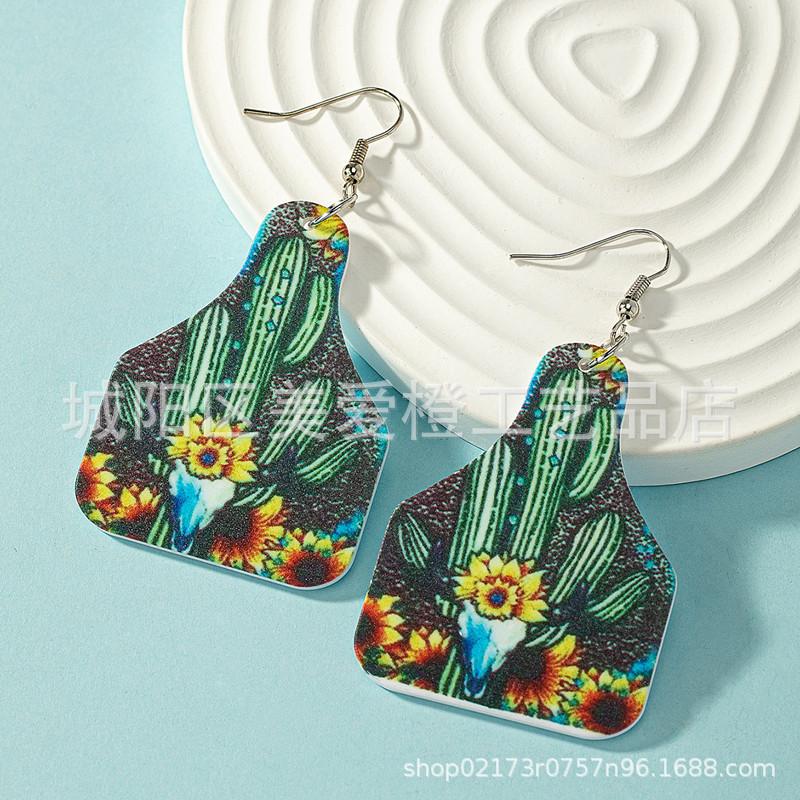 Western Cowboy Style Resin Earrings Cactus Horse Sunflower Print Stud Earrings
