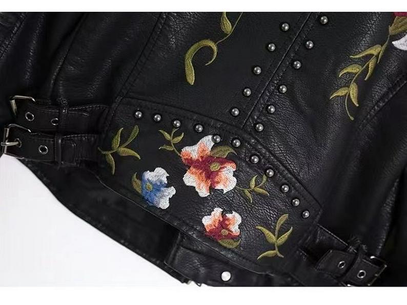 2023 Spring European & American Chic Embroidered Rivet Women's PU Leather Jacket