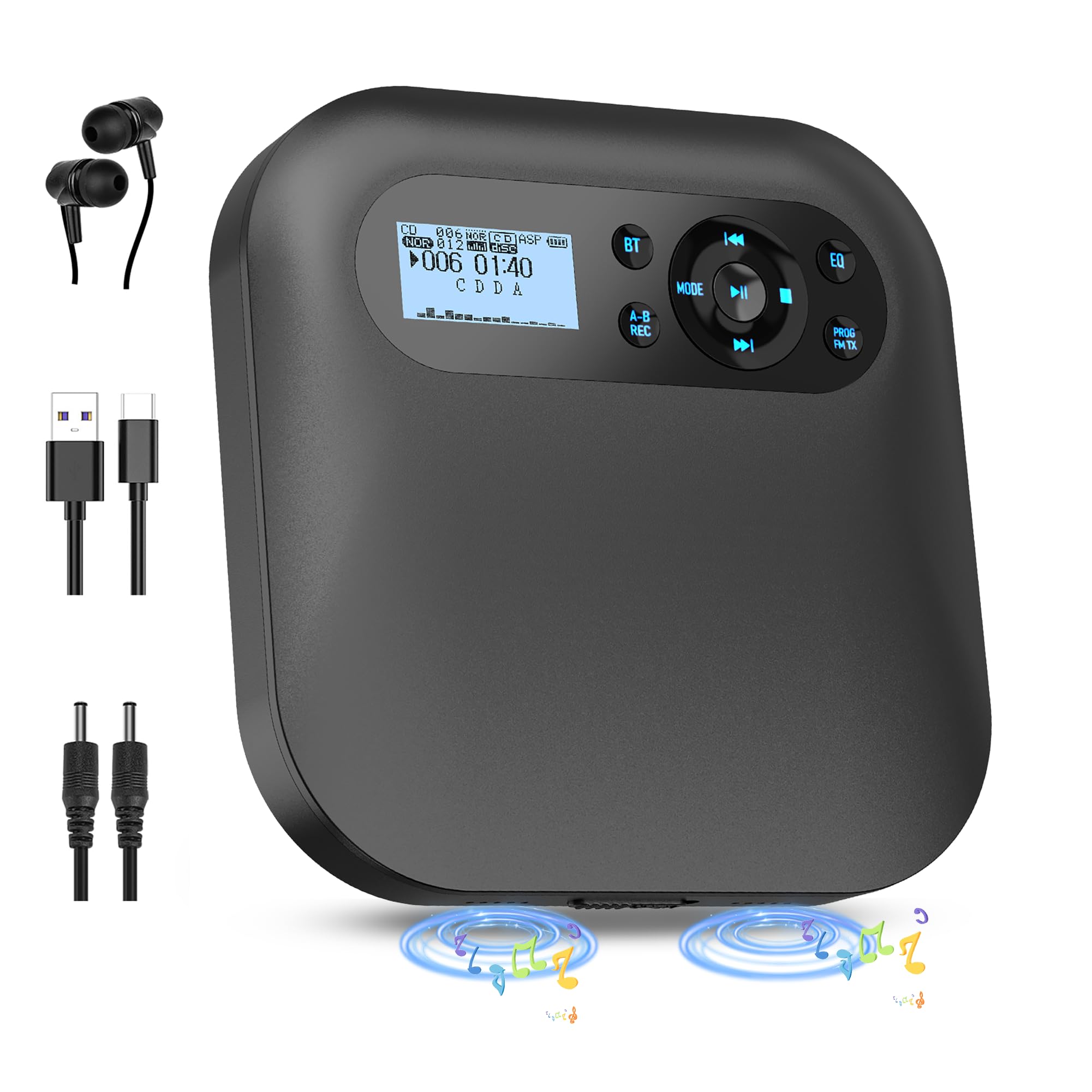 

Програвач компакт-дисків Bluetooth-сумісний динамік Програвач компакт-дисків Функція запису через FM-передавач Портативний програвач компакт-дисків Перезаряджуваний програвач компакт-дисків на 2000 мАг Повторний ефект 5EQ чорний