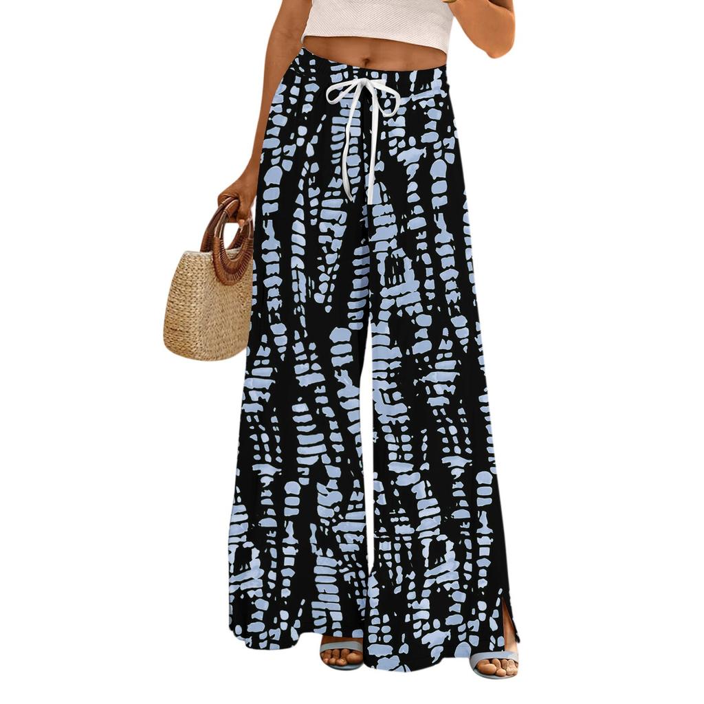 Women's Printed Wide Leg Pants With Pockets High Waist Drawstring Loose Casual Pants