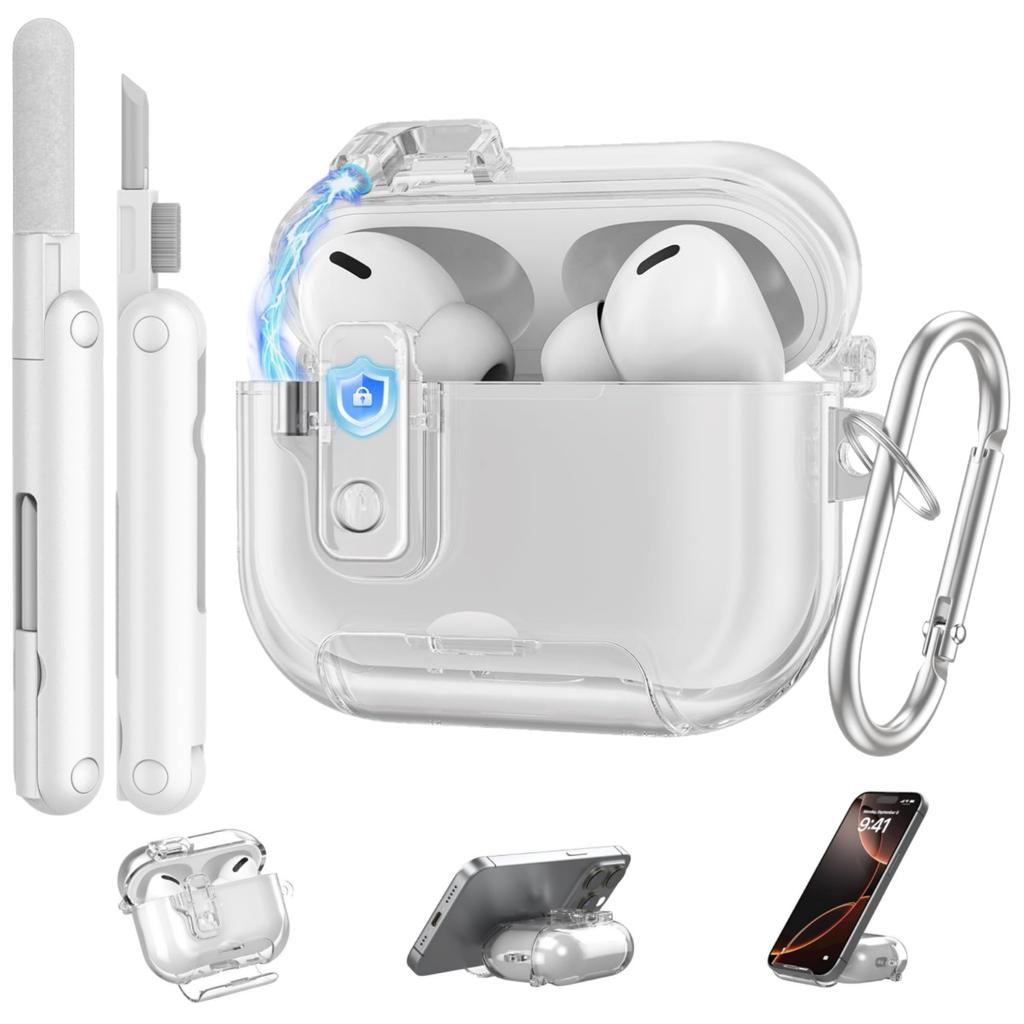 For Apple Airpods Pro 3 Case Cover 2025 Clear Magnetic Automatic Lock Case with Phone Stand &Cleaning Kit for Airpods Pro 3 Case