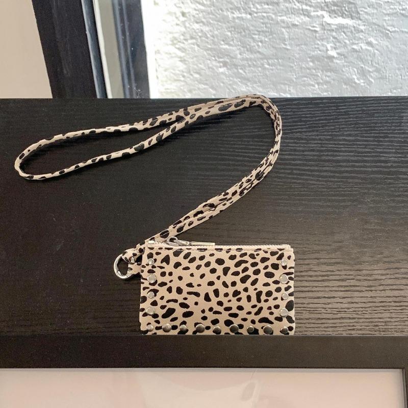 Neck-hanging mini square bag, rivet waist, canvas, leopard print bag, autumn and winter suede lipstick, change bag, women